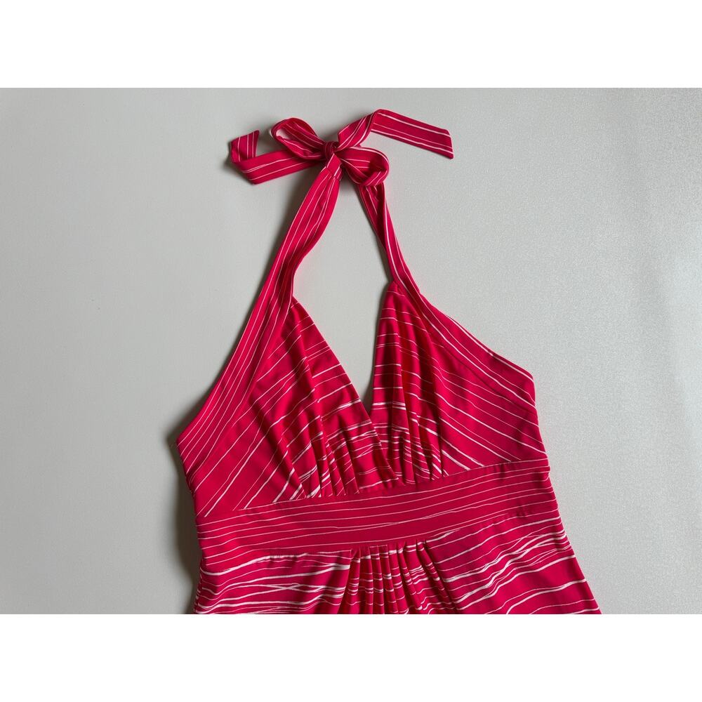 New BCBGMaxazria Women's Red White Floral Pleate Bodice Maxi Halter Dress Size L - Picture 3 of 12